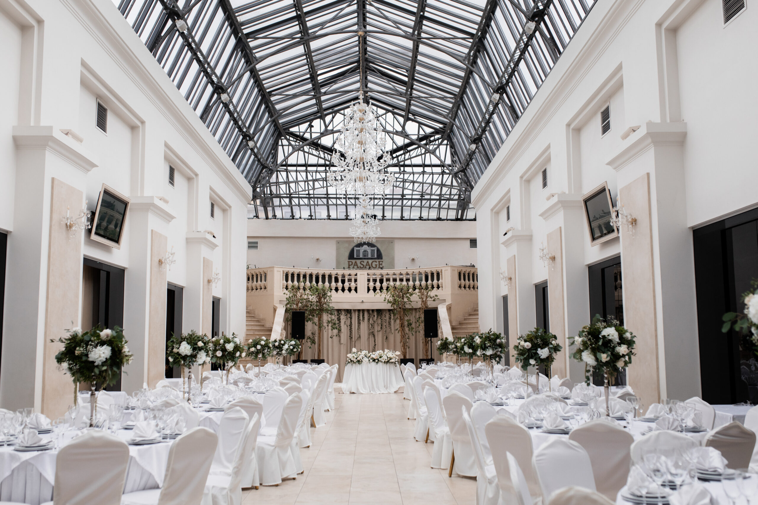 Decorated in white color hall for wedding is ready for celebration